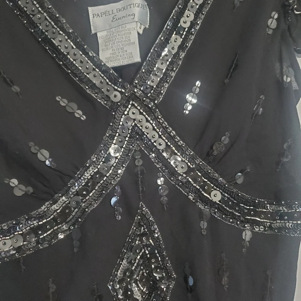 Papell Boutique Vintage Flapper Evening Blouse Silk Black Sequin Embellished  S - Picture 4 of 14
